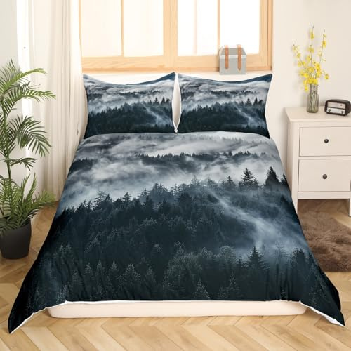 Smoky Mountain Bedding Pineforest Duvet Cover Queen Grey Trees Natural Scenery Art Comforter Cover Mountain with Firforest and Arrow Folk Style Retro Print Decorative Bedding Set with 2 Pillow Shams
