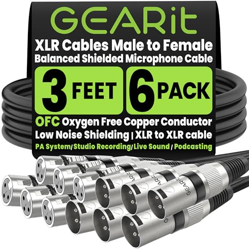 GEARit XLR Cables, Male to Female Microphone Cable 3-Pin Balanced Shielded Mixer XLR to XLR Cable for Recording Studio, Podcast, 3ft 6pack
