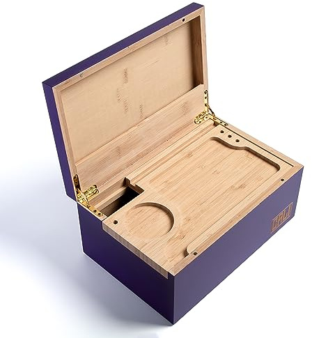 CALI Grande scatola portaoggetti per accessori da fumo, 100% bambù naturale, con vassoio scorrevole per rollare, larghezza 26,7 cm x altezza 12,7 cm x profondità 17,8 cm, 27 cm x 13 cm x 18 cm (viola)