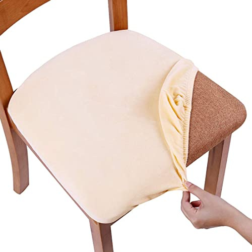 Homaxy Velvet Dining Chair Seat Covers Set of 6, Stretch Slipcovers with Ties, Removable Washable Seat Protector Cover, Cream