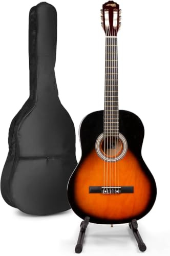 MAX SoloArt Konzertgitarre 4/4, Akustik Gitarre für Anfänger mit Tasche, Gitarrenständer, Stimmgerät, Plektrum, Gurt und Zubehör, Acoustic Guitar, Akustikgitarre in Sunburst