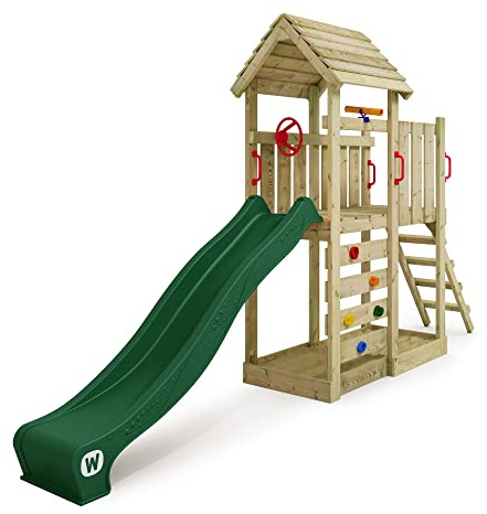WICKEY Wooden climbing frame JoyFlyer with green slide, Outdoor kids playhouse with wooden roof, sandpit, climbing ladder & play-accessories for the garden