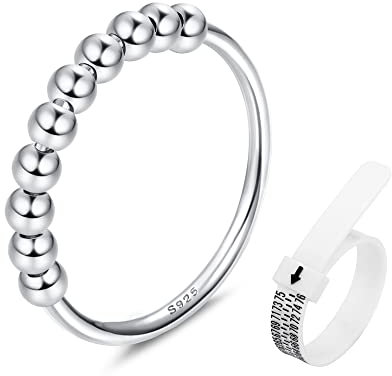 JeweBella 925 Sterling Silber Ring Damen mit Beweglichen Perlen Band Ring Dünne Stapelbare Ringe Frauen Daumenring Fingerring Schmuck Geschenk für Mama Tochter mit Ringmaßband