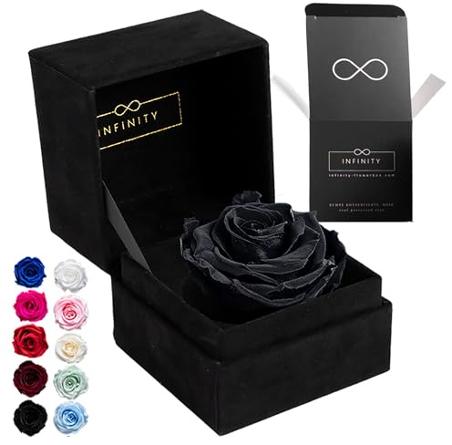 Infinity Flowerbox - 1 Echte Ewige Rose in aufklappbarer Rosenbox (3 Jahre haltbare konservierte Rose). Direkt in Geschenkbox als edles Geschenk für Frauen