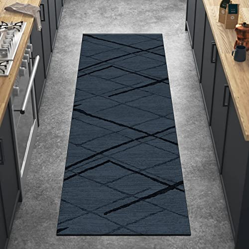Ymural Teppich Läufer Flur Küchen rutschfest Meterware Blau 80x350CM Lang Modern Gestreift Teppichläufer Waschbar Kurzflor Küchenläufer Polyester Korridor Schlafzimmer, Anpassbar