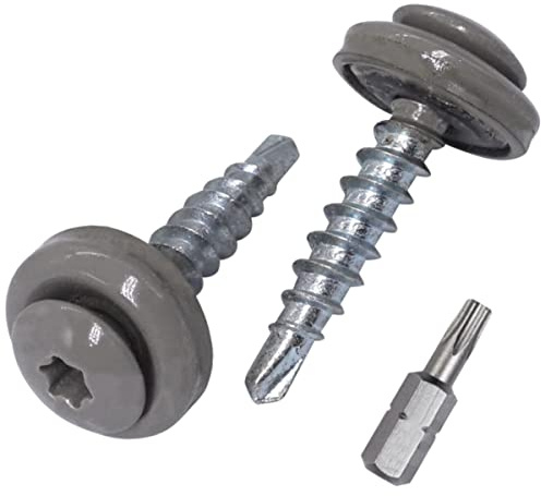SKIR'CO (200 st) takskruvar, 4,8 x 28 mm målade självborrande skruvar med EPDM-brickor, torxhuvud (grå aluminium RAL 9007)