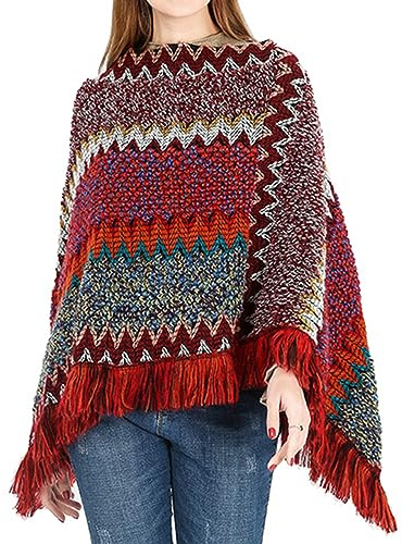 Jdlsppl Poncho da donna maglione a zig zag lavorato a maglia messicano poncho avvolgente autunno hippie morbida frangia scialle uncinetto mantello asimmetrico