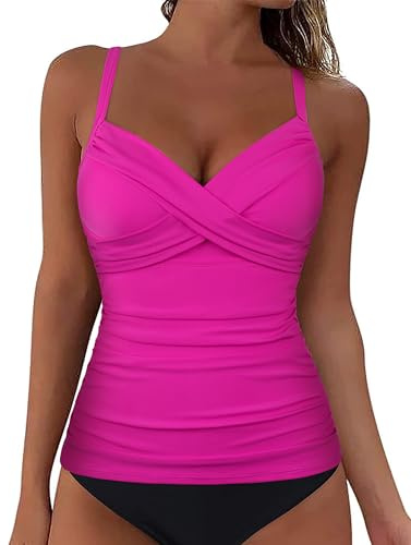 Firpearl Plus Size Push Up Tankini Tops for Women Large Bust Sexy Slimming Bathing Suit Underwire Swimsuit Top Hot Pink US18