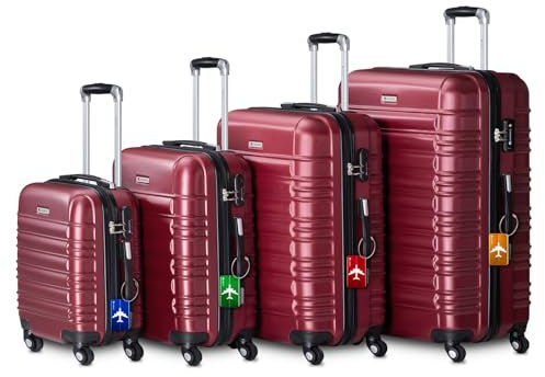 Juskys Hartschale Kofferset Reisekoffer 4 teilig - Zahlenschloss, geräuscharme 360° Rollen groß, Teleskopgriff, leicht - Koffer in Rot