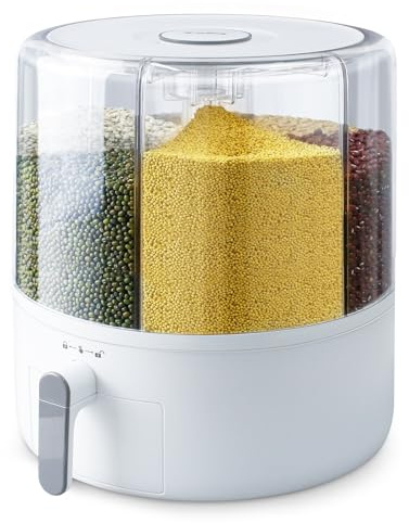 Slow Slog 16lb Grain and Rice Storage Container, 6 Grid Rotating Dispenser, Airtight Rice Storage