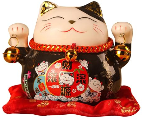 Tissting Glückskatze 11,4cm Blühendes Geschäftsgeld Keramik Spartopf Münzbank mit Glocken, Winkt Maneki Neko Glückliche Fengshui Katze Dekoration für Geschäft(#7)