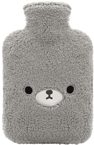 samply Hot Water Bottle with Cute Fleece Cover for Warm, Grey Bear | Soft cute cover for hot or cold compress. Ideal for hands, feet, neck and shoulders. Reusable for daily comfort.