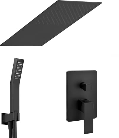 Set doccia incasso nero opaco, miscelatore Kubo con deviatore, soffione inox slim a muro 25x52 e kit doccia completo