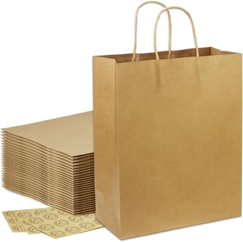 Große Braun Papiertüte mit Henkel, HRUISE 25 Stück Papier Geschenktüten, 130GSM kraftpapier tüten mit Griffen für Geburtstag, Festivalfeier, Einkaufstüten, Partytüten, Hochzeitstasche