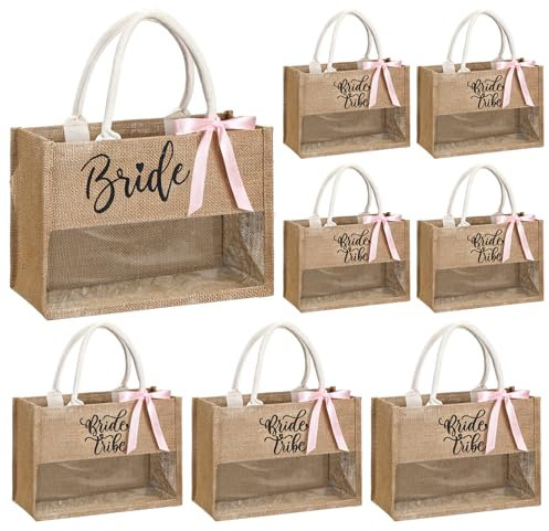 Locmeo 8 Pcs Bachelorette Beach Bag Bridal Party Tote Bag, Jute Brown