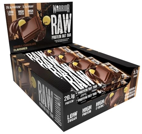 Warrior RAW Protein Bars 12 x 75g – 20g High Protein Bar, Low Sugar High Fibre Oat Protein Flapjack – Protein Snacks, Meal Replacement Bars (Double Chocolate)