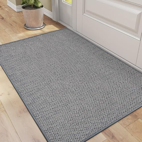 DEXI Indoor Door Mat 61 x 92 cm, Non Slip Rubber Backing, Low Profile Dirt Trapping Doormat for Entrance, Patio, Pets, Grey