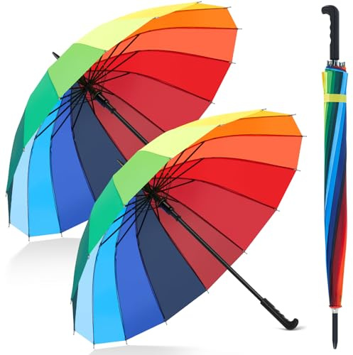 Hestya 2 Paraguas Arcoíris Automáticos - Paraguas Grandes con 16 Varillas y Mango Recto, Resistentes al Viento para Parejas, Accesorios LGBTQ Pride, 88 cm Diámetro