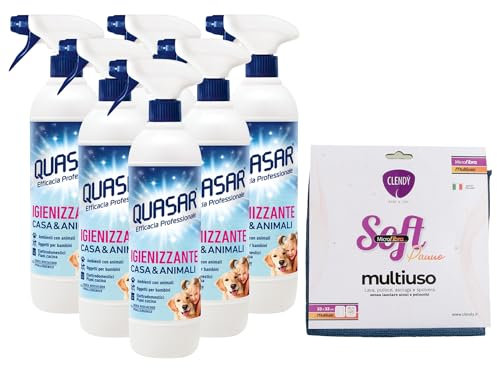 SET PULIZIA: 6x Quasar Detergente, IGIENIZZANTE CASA & ANIMALI, Senza Risciacquo, Ipoallergenico 580ml + Panno In Microfibra SOFT, Panno Multiuso (Colori Assortiti)