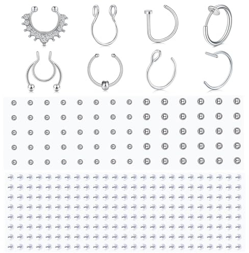 WillTen 8 st falsk näsa ring falsk septum piercing med 2 st falsk näsa stud stick falsk ansikte piercing, falsk näsa piercing klämma näsa ring falsk ögonbryn piercing falska läppar ring silver guld