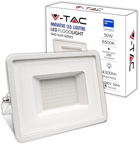 V-TAC Faro LED da Esterno Bianco 50W - [Chip Samsung - Alte Perfomance, Bassi Consumi] - 4300 Lumen - IP65 - Proiettore Faretto LED Nero per Casa, Giardino, Garage - Impermeabile - Luce Fredda
