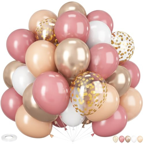Retro Rosa Luftballons, 60 Stück Dusty Rosa Blush Aprikose Weiß Metallic Rosegold Konfetti Ballons für Mädchen Boho Geburtstag Babyparty Dekoration