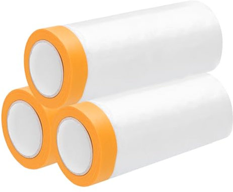 sourcing map Lot de 3 rouleaux de film de masquage pré-collé en plastique avec ruban adhésif pour couvrir plinthes, cadres et carrosserie de voiture, jaune/transparent 150,1 cm x 1,5 m
