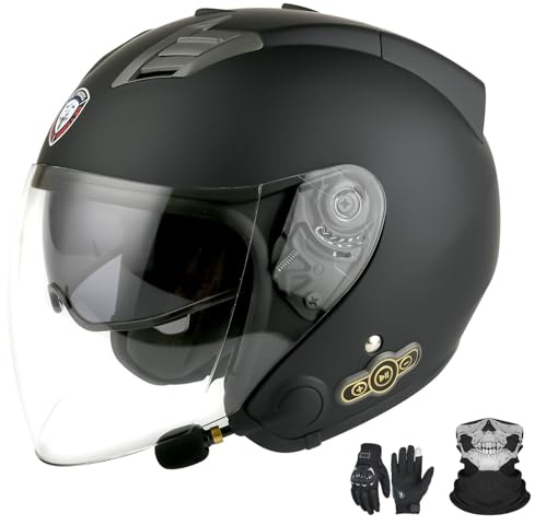 Casco jet con Bluetooth per moto, certificazione ECE, casco con Bluetooth integrato, casco jet per scooter, casco jet per uomo e donna con doppia visiera B, XL (61-62cm)