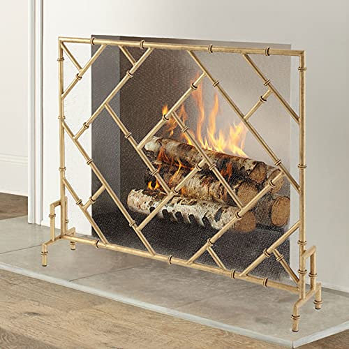 Feuerschutzgitter für Kamin, Gold-Finish, stehend, Schmiedeeisenrahmen, Gitter, modern, für Kamin, Funkenschutz für Feuerstelle, Holzofenschutz