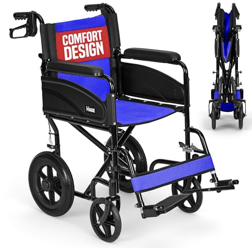 Lightweight Folding Wheelchair 18in Seat - Transit Chair, Footrests, Blue