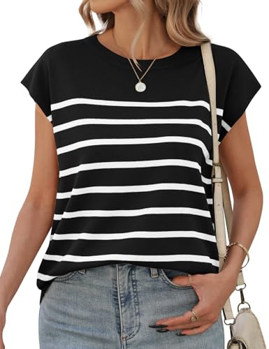 UMIPUBO Women's T-Shirt Cap Sleeves Striped Ladies Tops Summer Round Neck Casual Basic Tees Shirts (Black, XXL)
