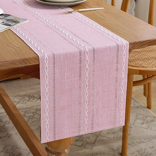 Camino de Mesa Moderno Bohemio Rosa de 33 x 120 cm Estilo Rústico de Granja Macramé Camino de Mesa Primavera de Algodón y Lino Rustico Decoración de Cocina para Cenas, Fiestas y Bodas