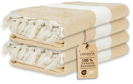 Loomvia | 4er Pack | Hamamtuch groß 100x180 aus 100% Baumwolle – Strandtuch, Saunatuch, Badetuch, Saunahandtuch | Saugstark & leicht | Saunatuch Damen & Herren für Strand, Sauna, Bad | Beige