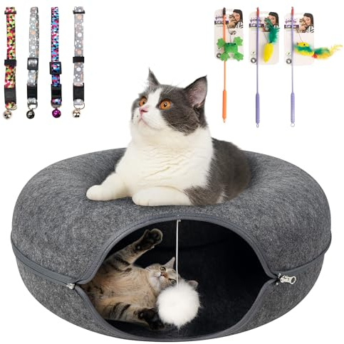 Pawise Peekaboo Cat Cave Donut Tunnel Bed, Cat Tunnel Bed,Convertible Felt Cats Cave for Indoor Catty, Comes with Random Catty Teaser Wand & Cat Collar(Large)