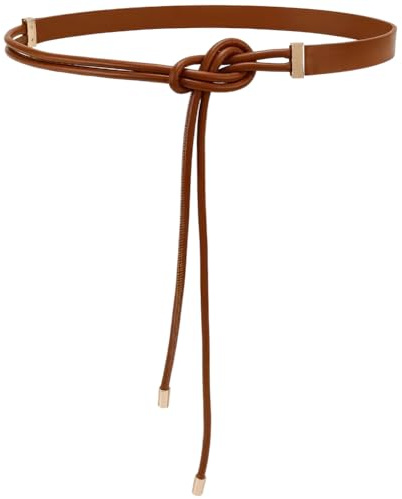 CALFOVERA Browner Geknoteter Dünner Taillengürtel Im Boho Stil Eleganter Schmaler Gürtel Aus PU Leder Verstellbar Schmales Taillenband Aus Leder Seilbund Mit Enden Aus Goldlegierung Für Damenkleider