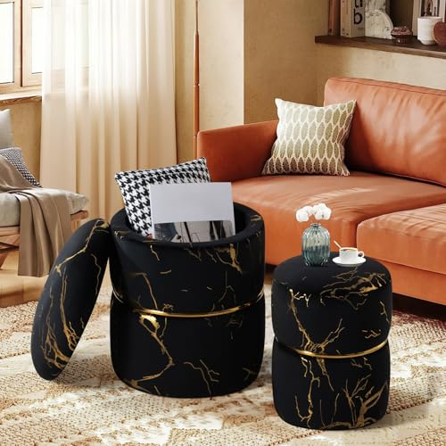 Ckaff 2er Set Hocker mit Stauraum, Sitzhocker mit Stauraum Schminkhocker, Pouf Ottoman Polsterhocker Rund Bouclé Samt Stoff Fußhocker mit Stauraum für Schminktisch Schlafzimmer Wohnzimmer, Schwarz