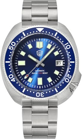 watchdives Relojes de buceo automáticos para hombre WD6105, NH35, reloj de pulsera de 200 m, cristal de zafiro para hombre con correa de acero inoxidable 316L, reloj luminoso, Azul / Correa de Acero