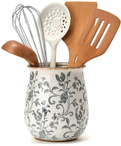 Utensil Holder for Kitchen Counter, Modern Farmhouse Cooking Utensil Holder and Crock Home Kitchen Decor, Ceramic Utensil Organizer for Spatula, Ladle, Eggbeater, Rolling Pin- Gray Flower Patterns