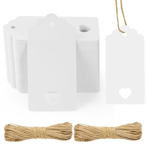 Flintronic Etichette da regalo, 120 Pezzi Etichette in Carta Kraft Rettangolo, 9 * 4.5cm con 20M Spago in Juta, per Matrimoni,Compleanni,San Valentino e Artigianato- Bianco