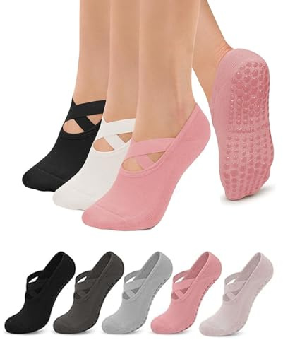 Qnvyw 5 Paar Pilates Socken Damen - Yoga & Tanzsocken mit Anti Rutsch Noppen, Grip Socks für Reformer Pilates & Fitness