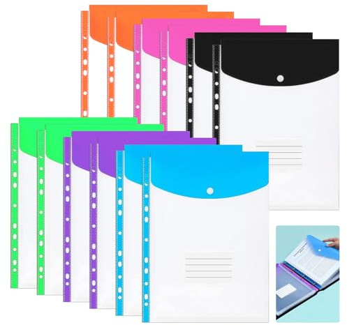 12 Piezas Carteras de Plástico A4 con Bolsillos Perforados, 11 Hoyos Bolsa de Documentos con Cierre a Presión A4 de Plástico Transparente Adecuado para Oficinas, Escuelas y Hogares (6 Colores)