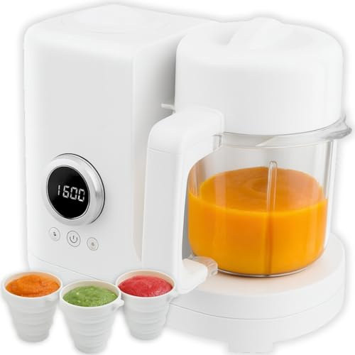 Delugo® Robot culinaire pour bébé 6-en-1, Cuiseur vapeur & mixeur pour purée, mélange, cuisson, réchauffage, décongélation & stérilisation, Bol inox 300 ml, 2 gobelets de conservation inclus, Sans BPA