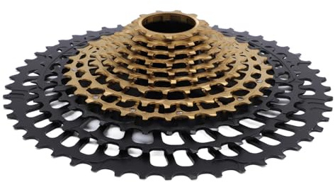 HUIOP 12-växlad Cykelkassett, Aluminiumlegering Stål Lättviktscykeldrev för Mountainbikes, Tillverkad Av Premiummaterial, Ihålig Design för Minskad Vikt och Mjuk Rotation, Kompatibel (Svart+guld)