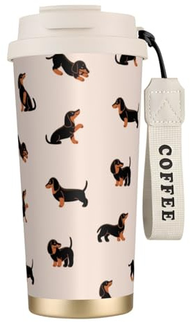 XCZHIMIN Patrón de perro salchicha feliz de dibujos animados,Taza de café de acero inoxidable 316 con cordón, vaso térmico de doble pared para coche, 500 ml