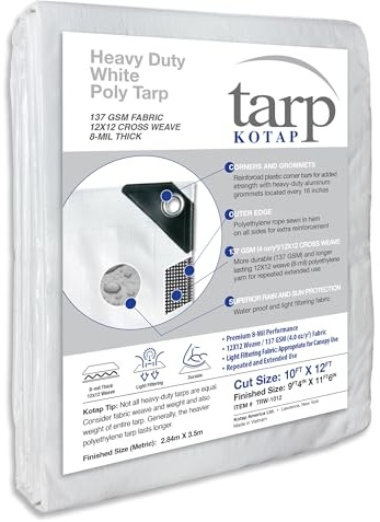 Kotap Lona de protección/Cobertura Resistente, Tejido Superior para una Mayor longevidad de 8 mil, Polietileno (PE), Blanco, 10 x 12 pies