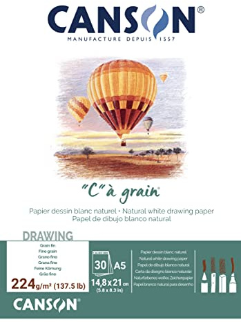Canson 'C a grain' Blocco Carta Da Disegno 30 fogli 224 g grana fine bianco naturale 14,8 x 21 cm - A5 bianco naturale collato lato corto