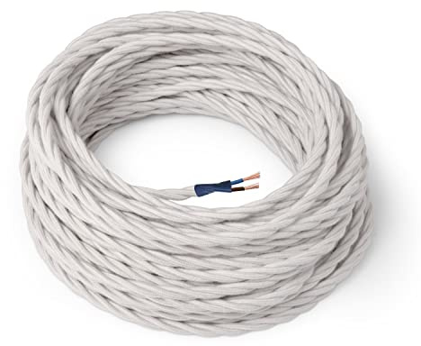 Amarcords - Câble électrique textile couleur BLANC, torsadé, coton, 3 mètres, à 2 brins 2x0,75 - Fil vintage en tissu coloré, pour lampes, lustres, appliques et abat-jours.