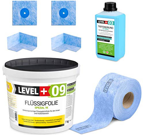 Dicht-Set 7 Kg Flüssigfolie, Tiefengrund 1 L, 5m Dichtband, 2 Innenecken, 2 Wandmanschetten, Badabdichtung, Balkon, Terrasse SET64