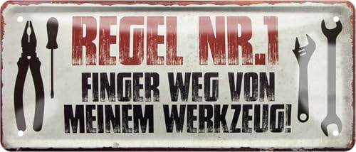 schilderkreis24 Blechschilder Kollektion 28x12cm – Humorvolle Sprüche für Handwerker und Werkstatt: Deko & Geschenkideen für Schrauber (Regel Nr.1 Finger Weg Werkzeug!)
