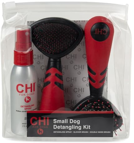 CHI for Dogs Small Dog Detangling Kit, 3-Piece Grooming Set with Detangling Spray, Slicker Brush, and Double-Sided Pin-and-Bristle Brush for Small Breeds with Tangles and Mats, Includes Zipper Pouch
